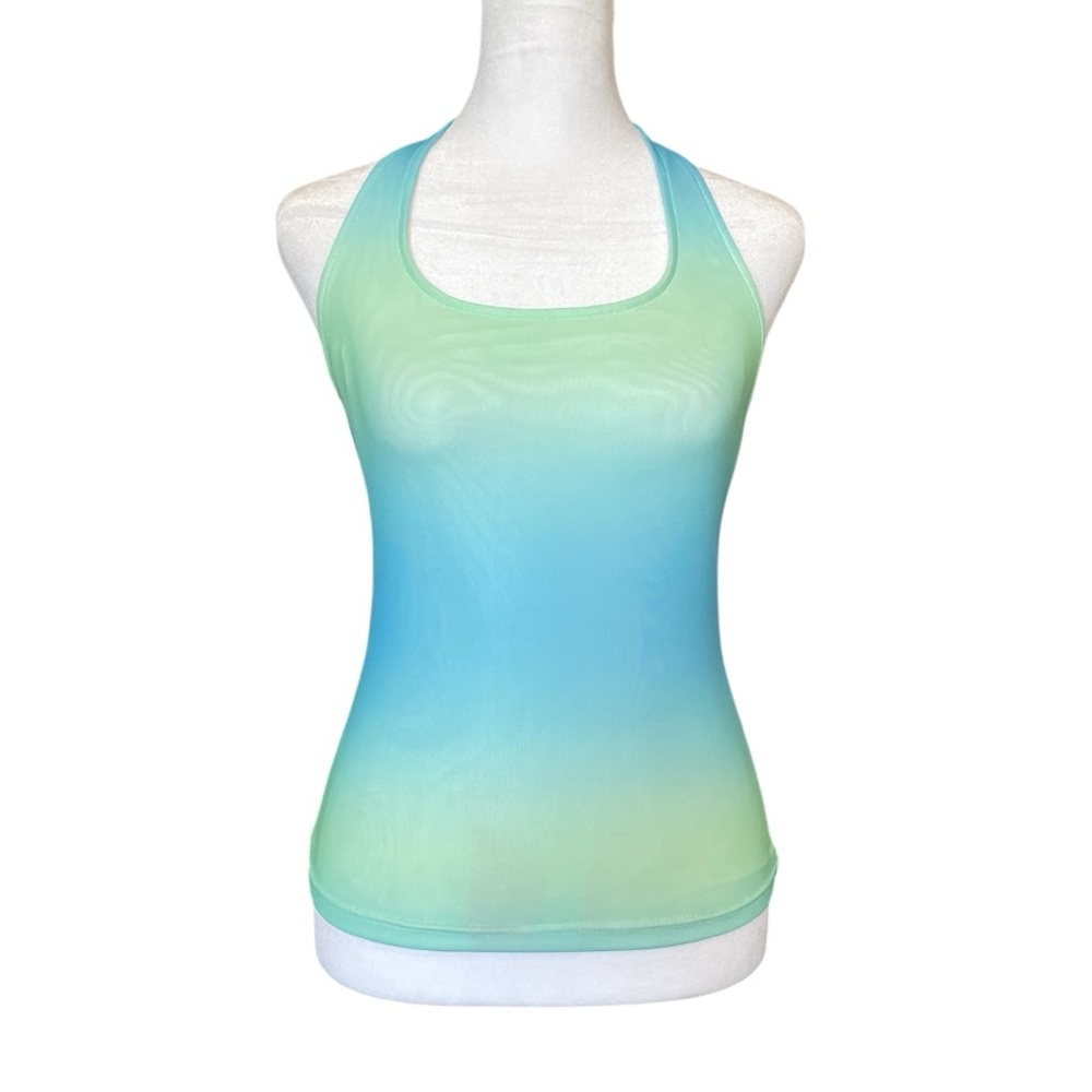 Y2K Mermaidcore Ombre Halter Top Blue Green Mesh Layered Stretch Tank S–M